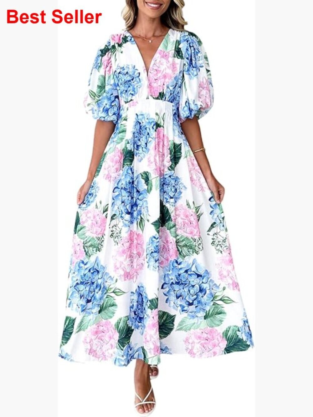 Floral Maxi Dress with V-Neck and Short Sleeve for Wedding Guest